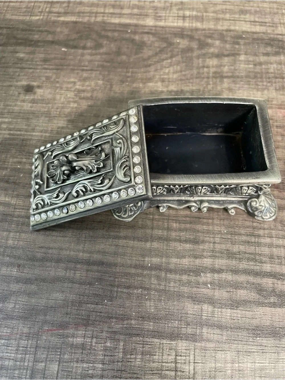 Vintage Ornate Metal Footed Trinket Box Rhinestone Border Small Vanity